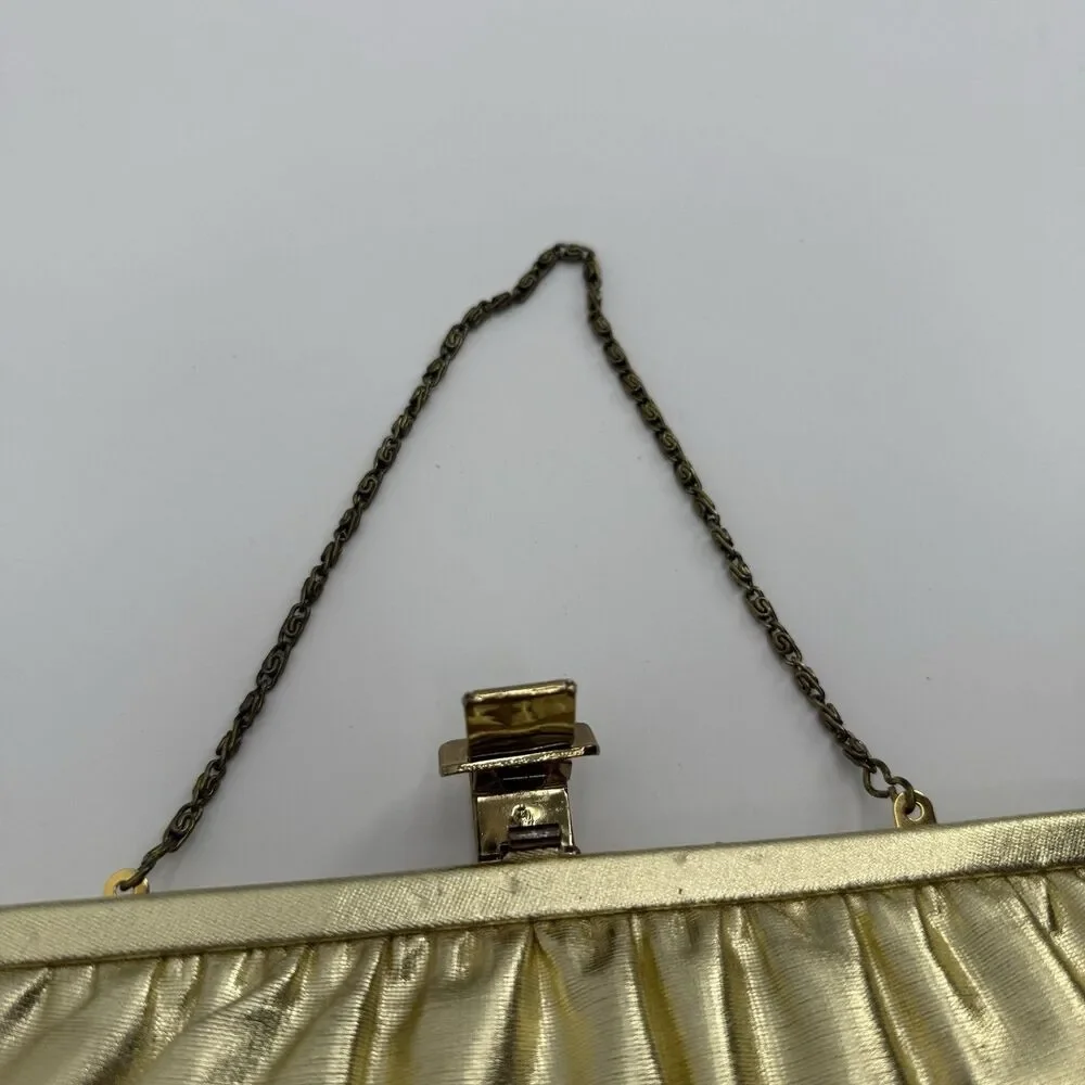 Vintage Unbranded Gold Metallic Shiny Clutch Bag Evening Formal Buckle Satin